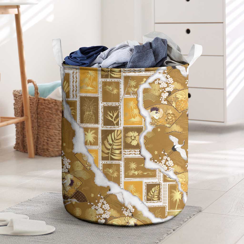 Hawaii Japanese Culture Gold Laundry Basket Spring Cranes Aloha Pattern