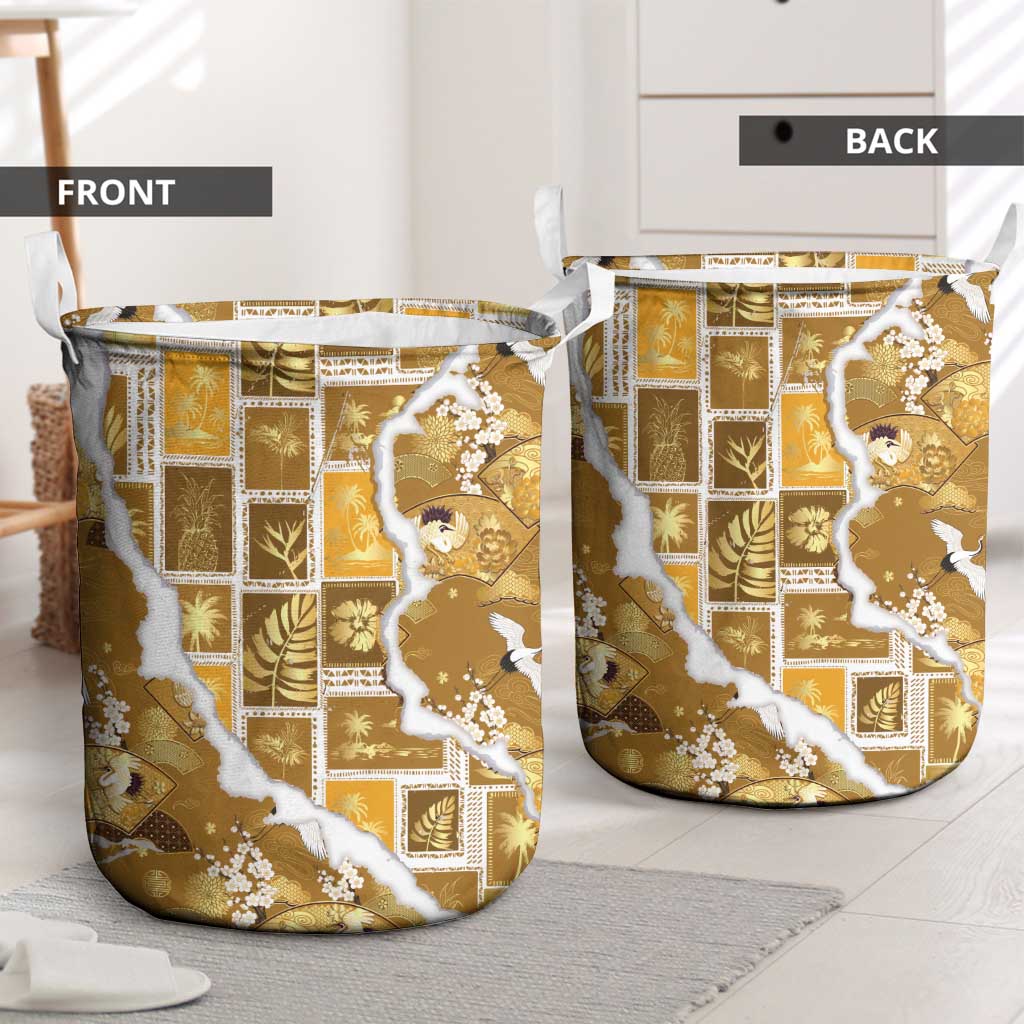 Hawaii Japanese Culture Gold Laundry Basket Spring Cranes Aloha Pattern