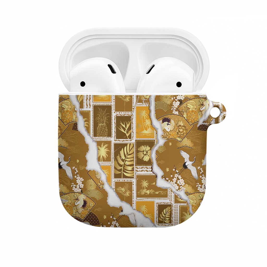 Hawaii Japanese Culture Gold AirPods Case Spring Cranes Aloha Pattern