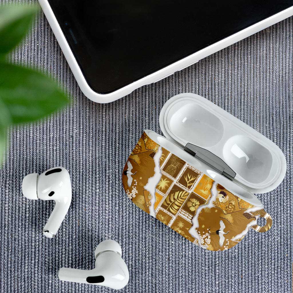 Hawaii Japanese Culture Gold AirPods Case Spring Cranes Aloha Pattern