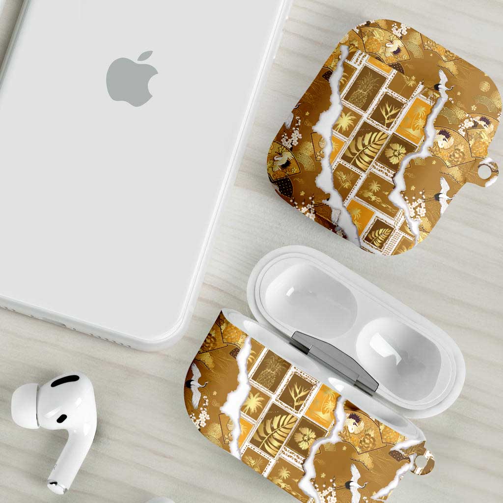 Hawaii Japanese Culture Gold AirPods Case Spring Cranes Aloha Pattern