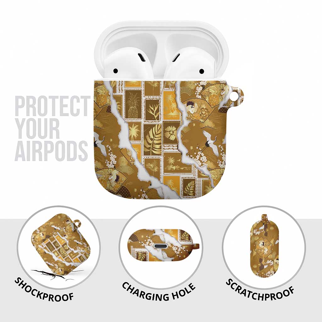 Hawaii Japanese Culture Gold AirPods Case Spring Cranes Aloha Pattern