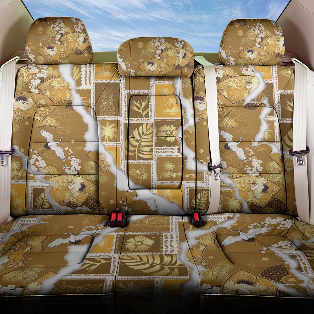 Hawaii Japanese Culture Gold Back Car Seat Cover Spring Cranes Aloha Pattern LT01 One Size Gold - Polynesian Pride