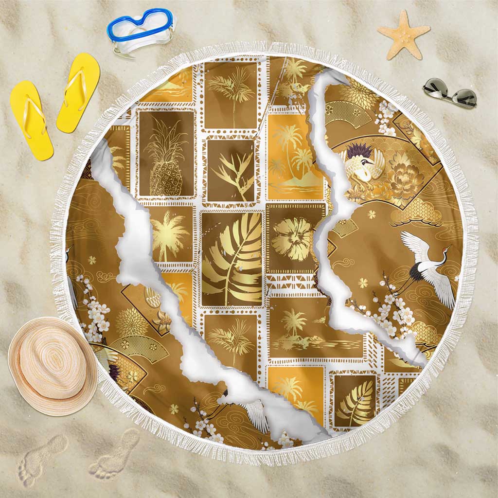 Hawaii Japanese Culture Gold Beach Blanket Spring Cranes Aloha Pattern LT01 One Size 150cm Gold - Polynesian Pride