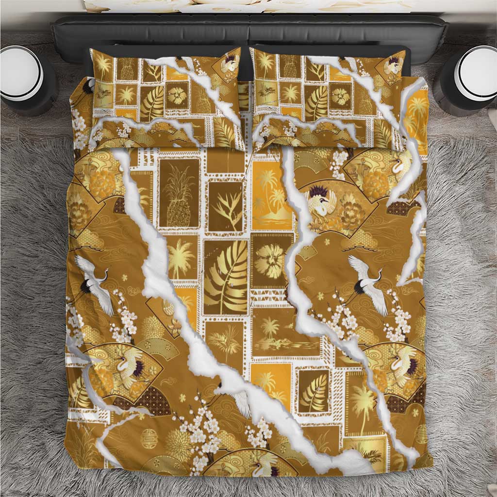 Hawaii Japanese Culture Gold Bedding Set Spring Cranes Aloha Pattern