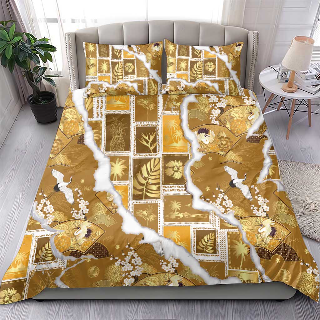 Hawaii Japanese Culture Gold Bedding Set Spring Cranes Aloha Pattern