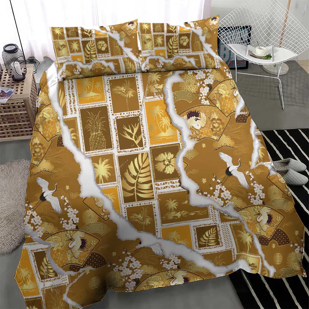 Hawaii Japanese Culture Gold Bedding Set Spring Cranes Aloha Pattern