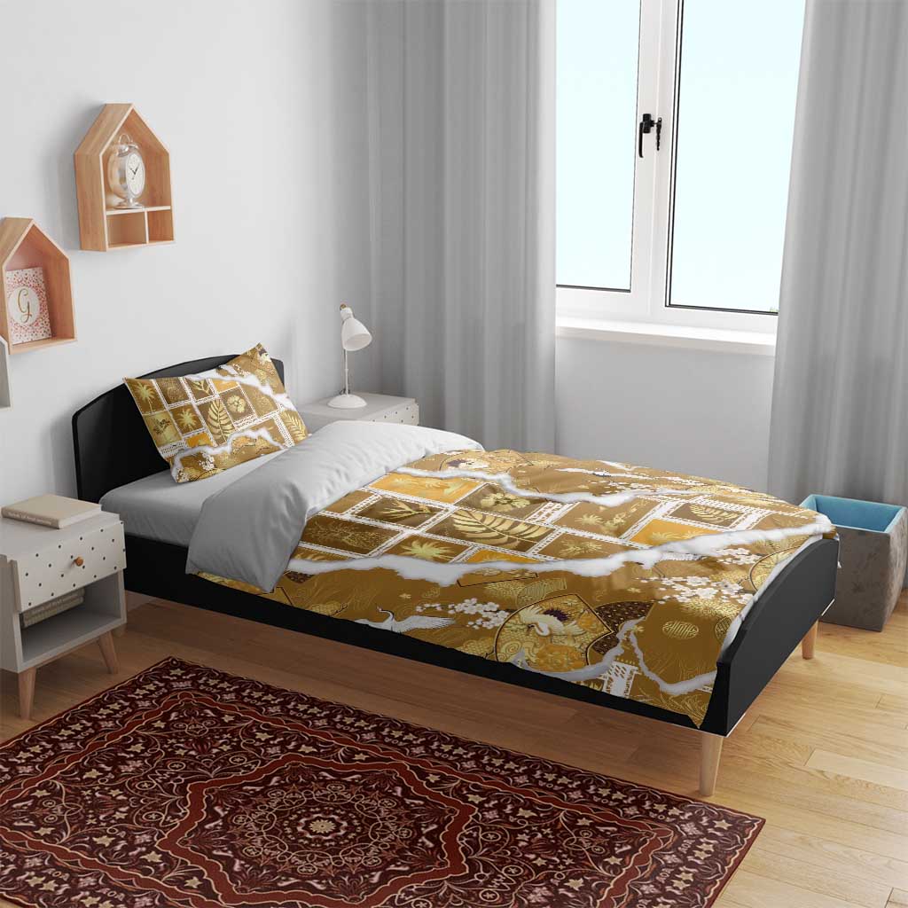 Hawaii Japanese Culture Gold Bedding Set Spring Cranes Aloha Pattern
