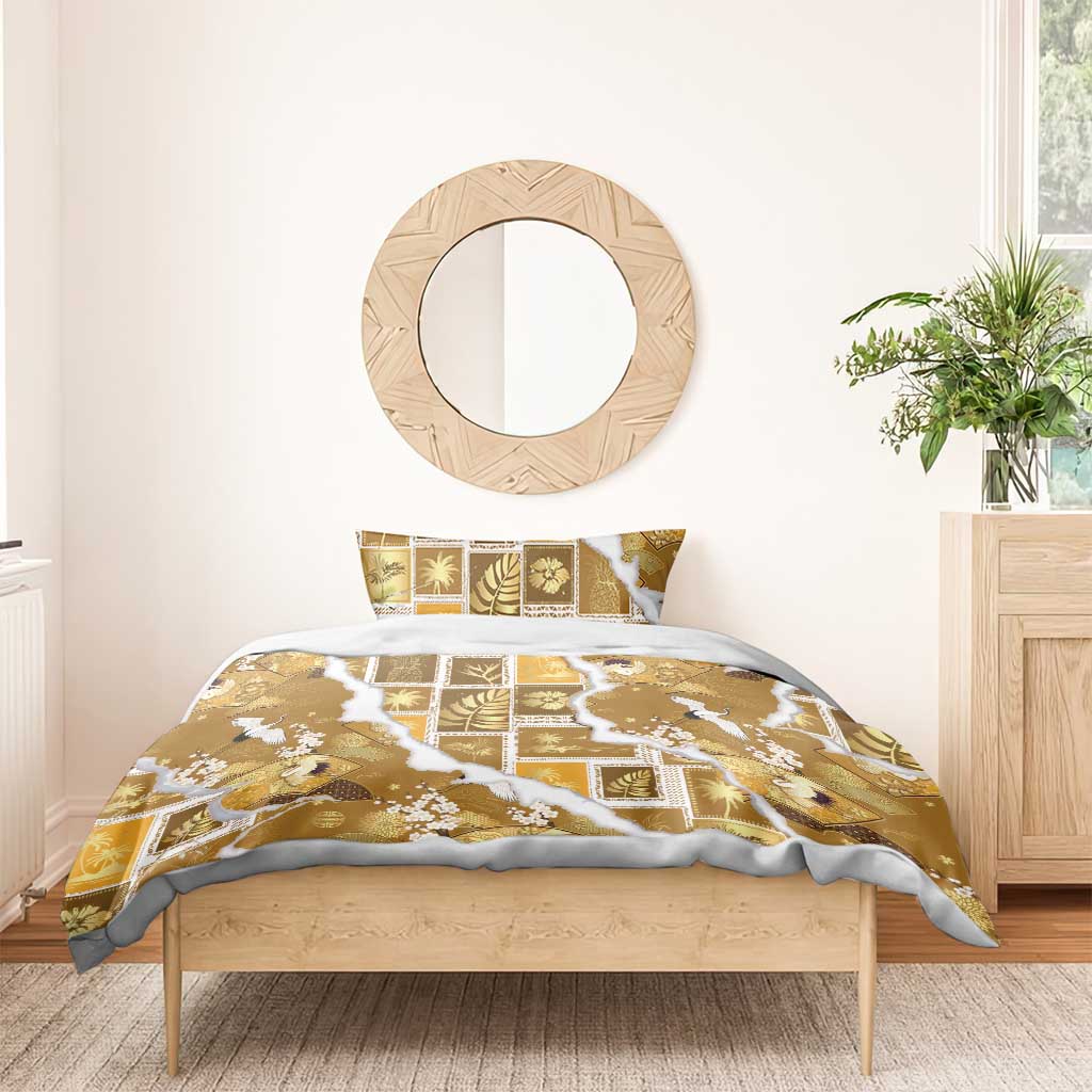 Hawaii Japanese Culture Gold Bedding Set Spring Cranes Aloha Pattern
