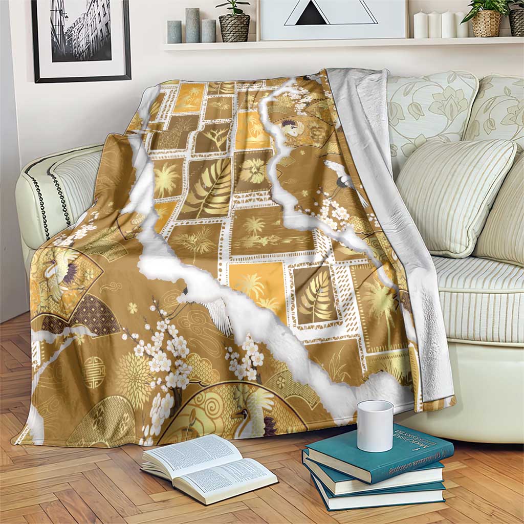 Hawaii Japanese Culture Gold Blanket Spring Cranes Aloha Pattern LT01 Gold - Polynesian Pride