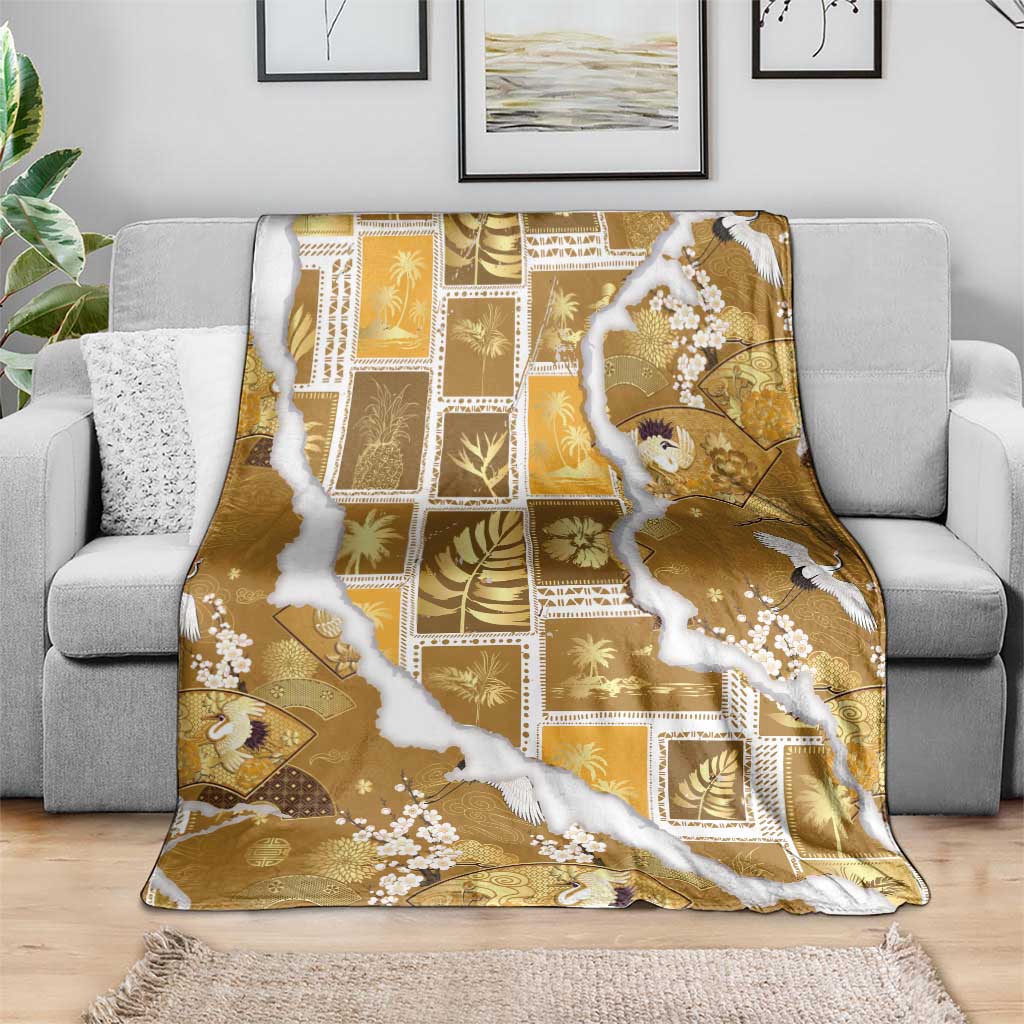 Hawaii Japanese Culture Gold Blanket Spring Cranes Aloha Pattern LT01 - Polynesian Pride
