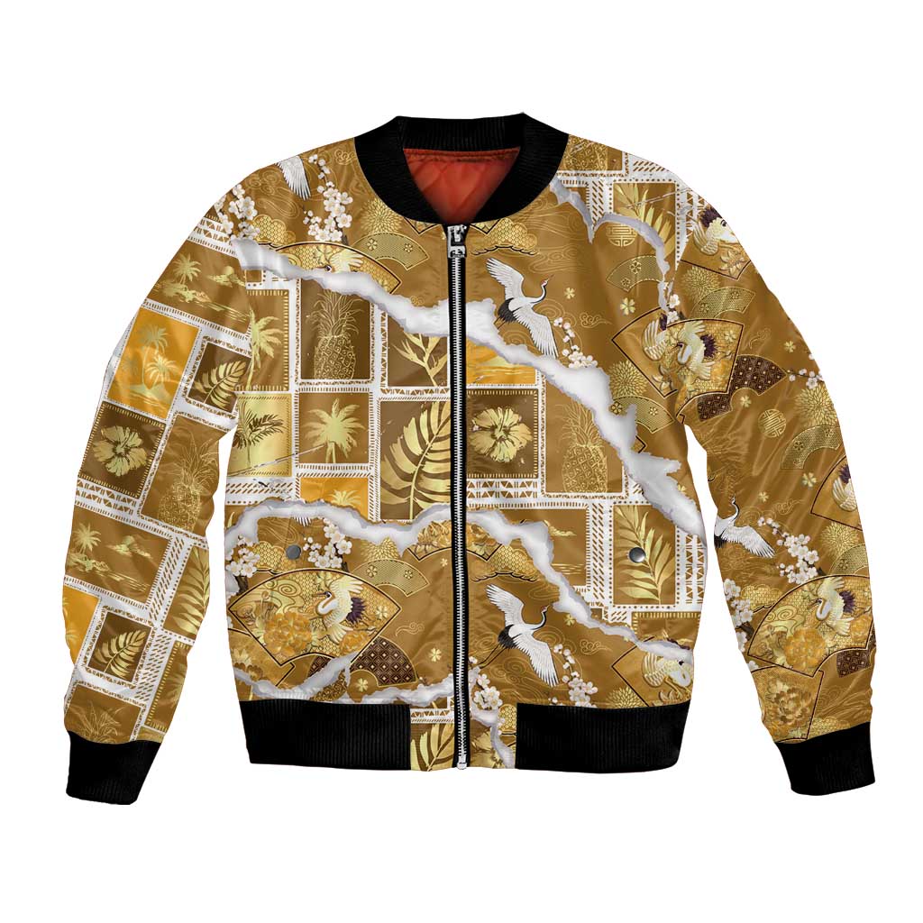 Hawaii Japanese Culture Gold Bomber Jacket Spring Cranes Aloha Pattern LT01 Unisex Gold - Polynesian Pride