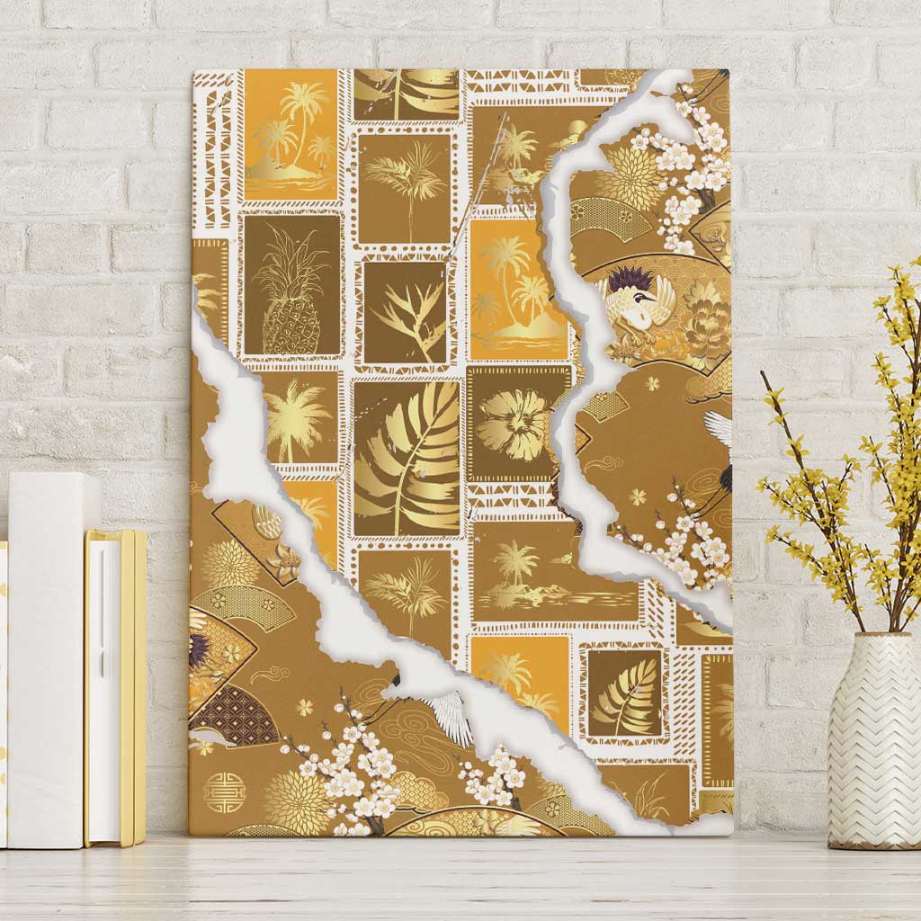 Hawaii Japanese Culture Gold Canvas Wall Art Spring Cranes Aloha Pattern