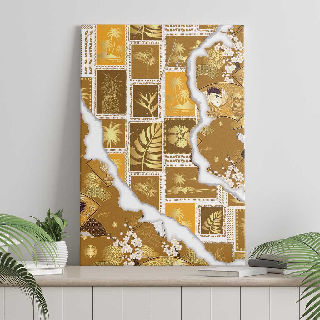 Hawaii Japanese Culture Gold Canvas Wall Art Spring Cranes Aloha Pattern