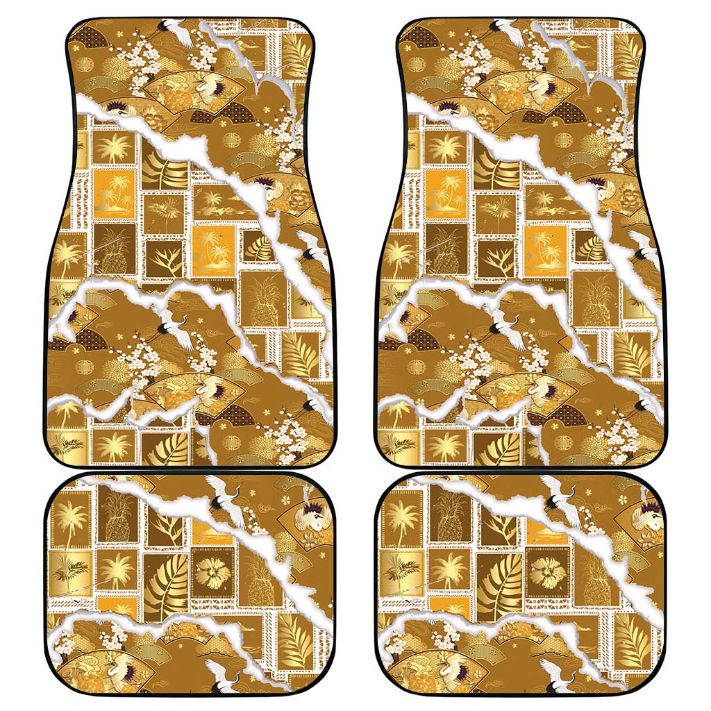 Hawaii Japanese Culture Gold Car Mats Spring Cranes Aloha Pattern