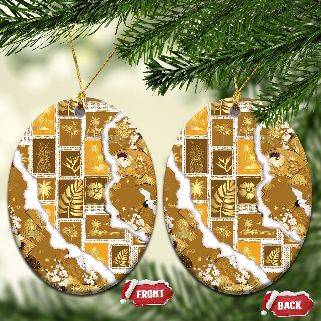 Hawaii Japanese Culture Gold Ceramic Ornament Spring Cranes Aloha Pattern LT01 Oval Gold - Polynesian Pride