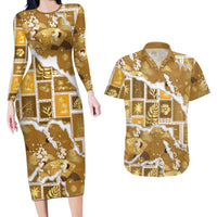 Hawaii Japanese Culture Gold Couples Matching Long Sleeve Bodycon Dress and Hawaiian Shirt Spring Cranes Aloha Pattern LT01 Gold - Polynesian Pride