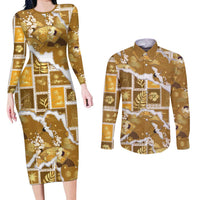 Hawaii Japanese Culture Gold Couples Matching Long Sleeve Bodycon Dress and Long Sleeve Button Shirt Spring Cranes Aloha Pattern LT01 Gold - Polynesian Pride