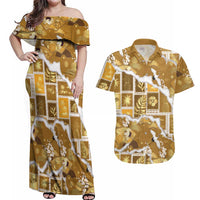 Hawaii Japanese Culture Gold Couples Matching Off Shoulder Maxi Dress and Hawaiian Shirt Spring Cranes Aloha Pattern LT01 Gold - Polynesian Pride