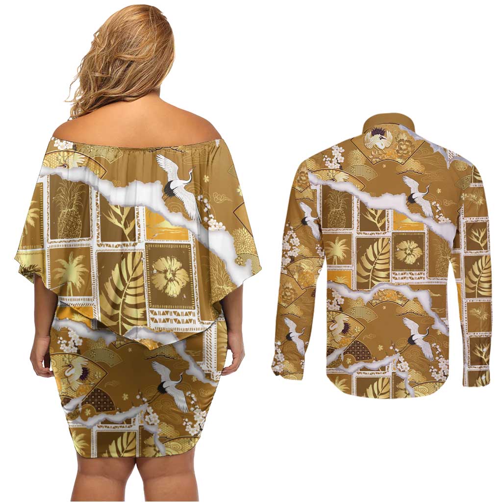 Hawaii Japanese Culture Gold Couples Matching Off Shoulder Short Dress and Long Sleeve Button Shirt Spring Cranes Aloha Pattern