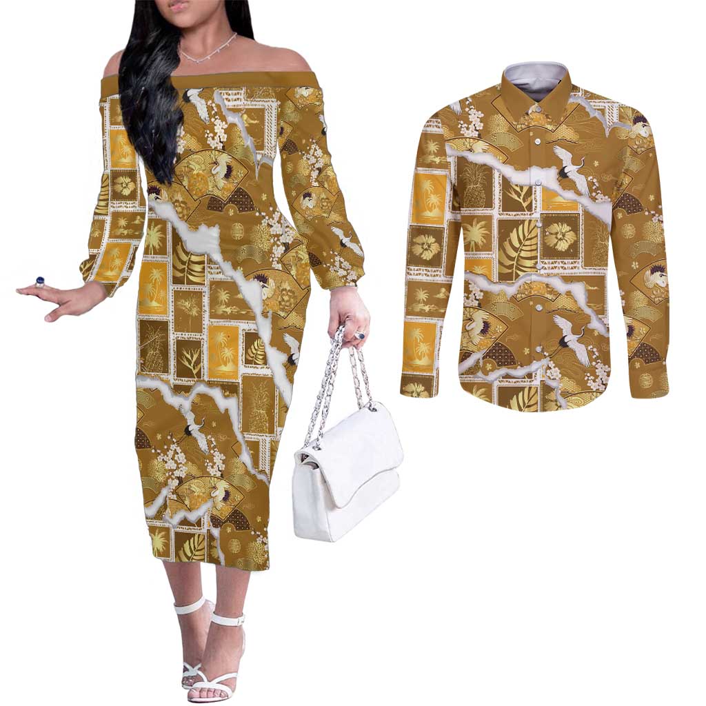 Hawaii Japanese Culture Gold Couples Matching Off The Shoulder Long Sleeve Dress and Long Sleeve Button Shirt Spring Cranes Aloha Pattern LT01 Gold - Polynesian Pride