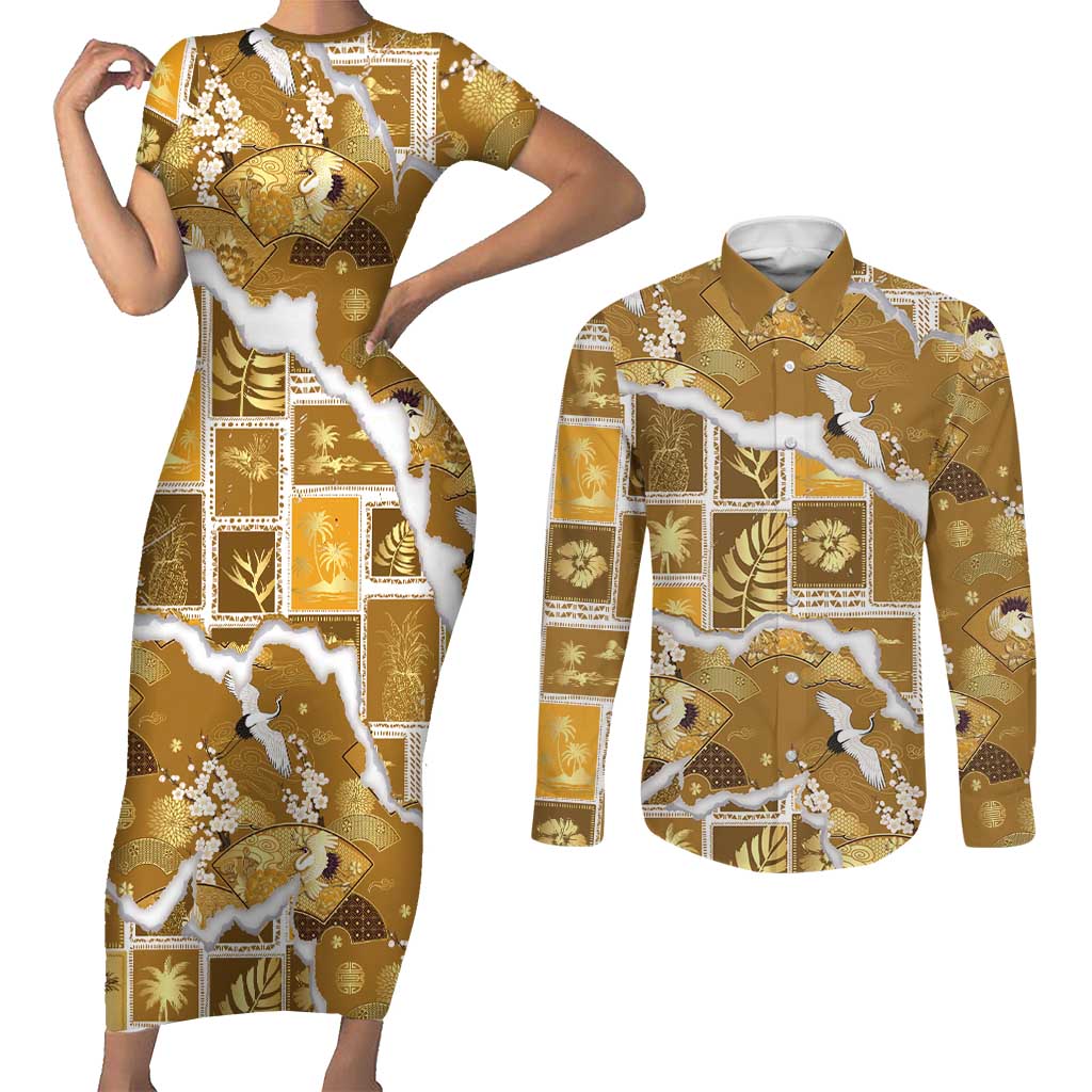 Hawaii Japanese Culture Gold Couples Matching Short Sleeve Bodycon Dress and Long Sleeve Button Shirt Spring Cranes Aloha Pattern LT01 Gold - Polynesian Pride