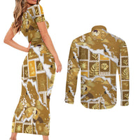 Hawaii Japanese Culture Gold Couples Matching Short Sleeve Bodycon Dress and Long Sleeve Button Shirt Spring Cranes Aloha Pattern LT01 - Polynesian Pride