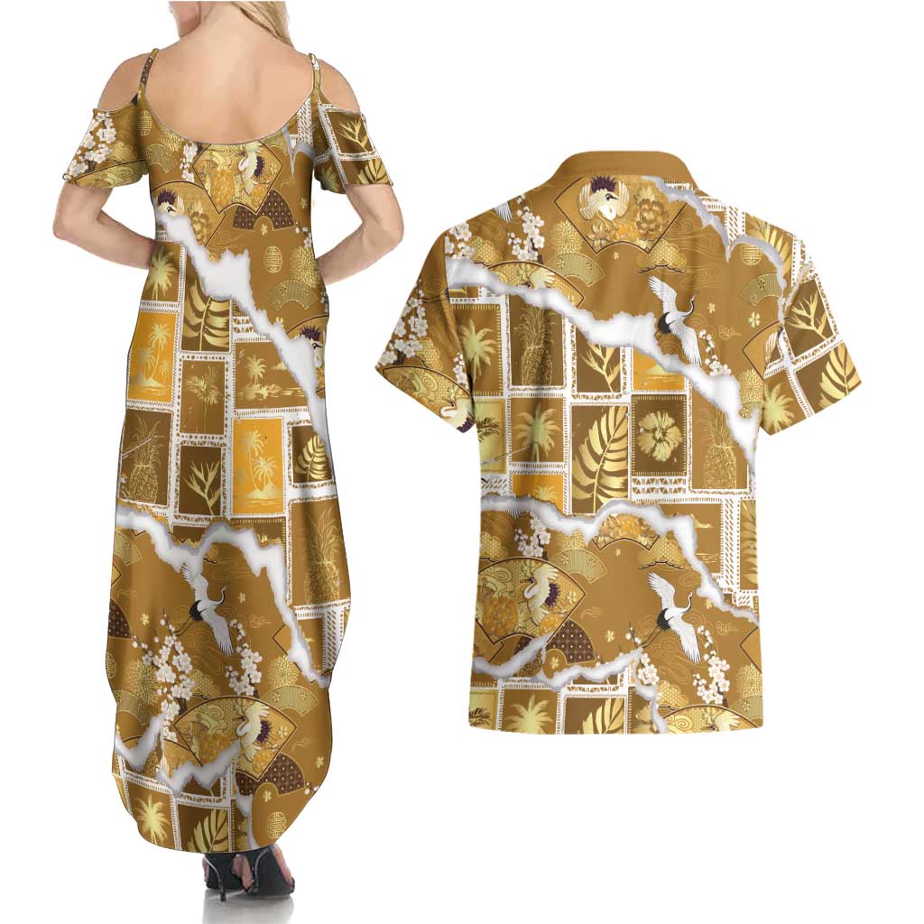 Hawaii Japanese Culture Gold Couples Matching Summer Maxi Dress and Hawaiian Shirt Spring Cranes Aloha Pattern LT01 - Polynesian Pride