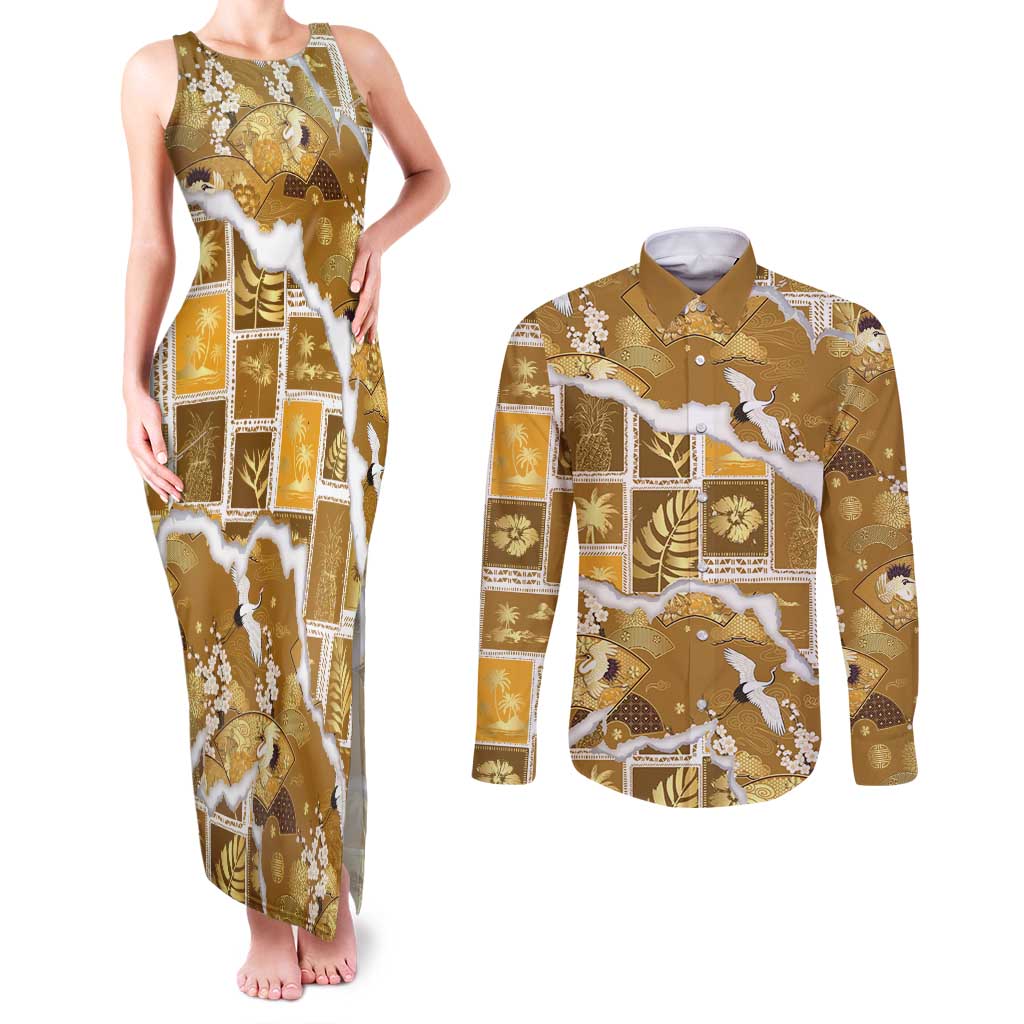 Hawaii Japanese Culture Gold Couples Matching Tank Maxi Dress and Long Sleeve Button Shirt Spring Cranes Aloha Pattern LT01 Gold - Polynesian Pride