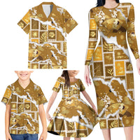 Hawaii Japanese Culture Gold Family Matching Long Sleeve Bodycon Dress and Hawaiian Shirt Spring Cranes Aloha Pattern