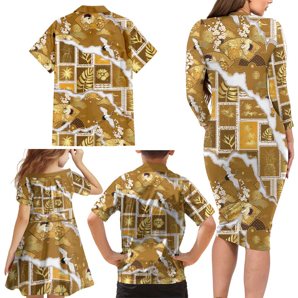 Hawaii Japanese Culture Gold Family Matching Long Sleeve Bodycon Dress and Hawaiian Shirt Spring Cranes Aloha Pattern
