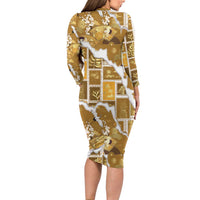 Hawaii Japanese Culture Gold Family Matching Long Sleeve Bodycon Dress and Hawaiian Shirt Spring Cranes Aloha Pattern