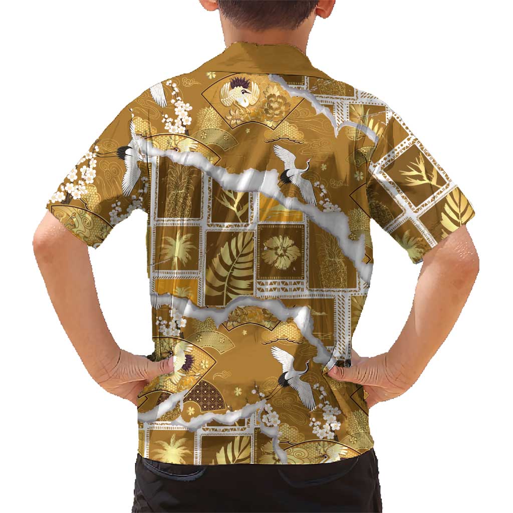 Hawaii Japanese Culture Gold Family Matching Mermaid Dress and Hawaiian Shirt Spring Cranes Aloha Pattern