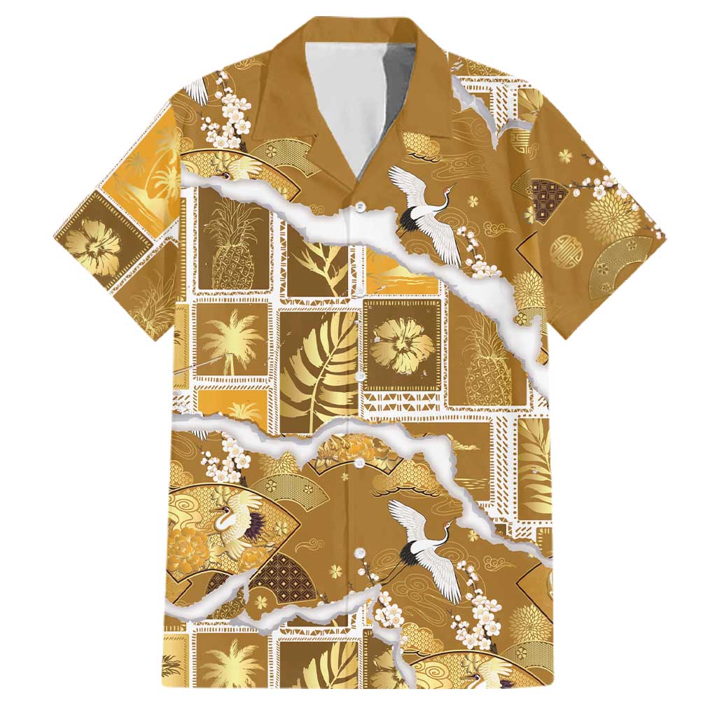 Hawaii Japanese Culture Gold Family Matching Off The Shoulder Long Sleeve Dress and Hawaiian Shirt Spring Cranes Aloha Pattern