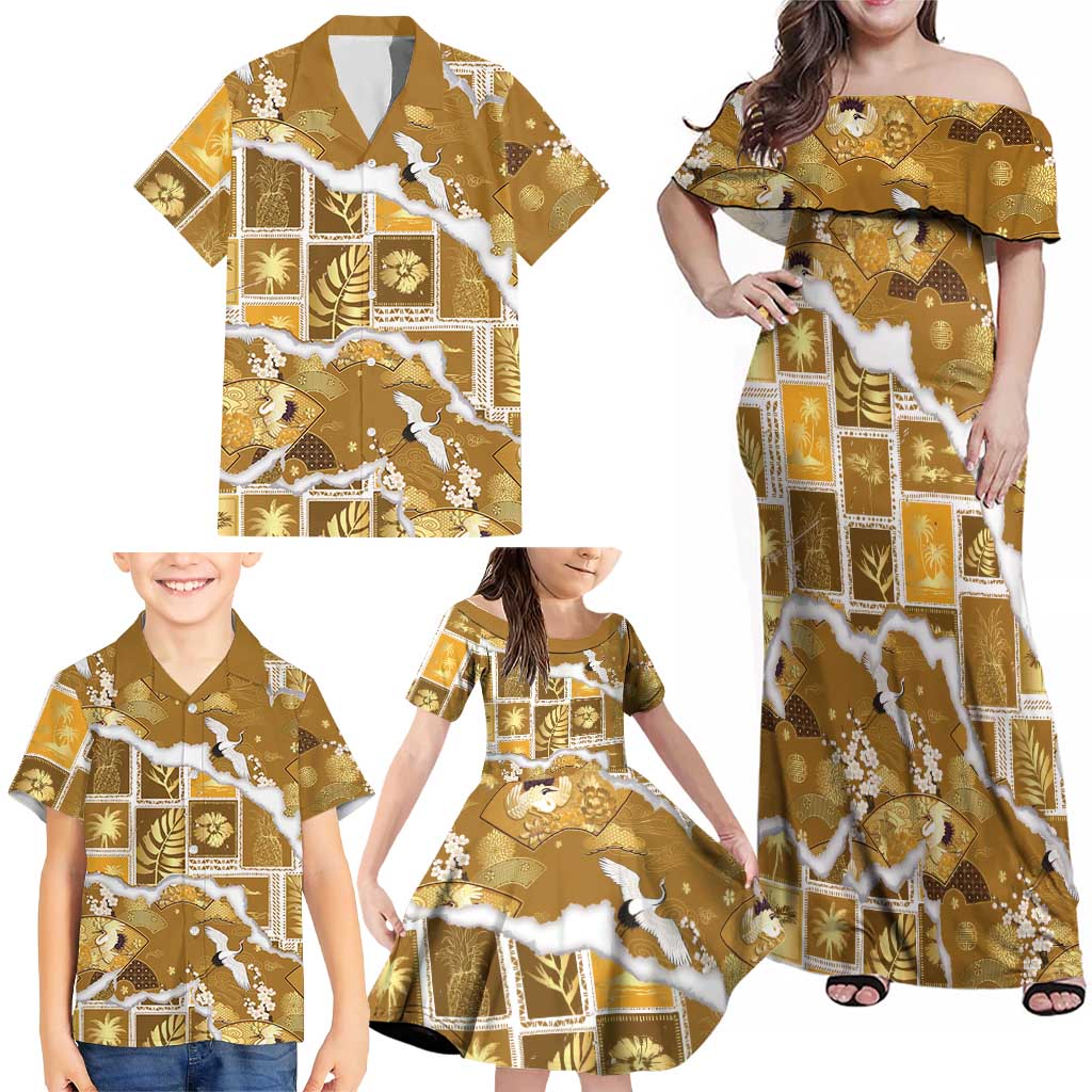 Hawaii Japanese Culture Gold Family Matching Off Shoulder Maxi Dress and Hawaiian Shirt Spring Cranes Aloha Pattern