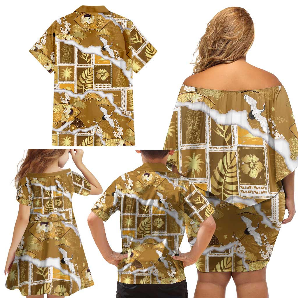Hawaii Japanese Culture Gold Family Matching Off Shoulder Short Dress and Hawaiian Shirt Spring Cranes Aloha Pattern