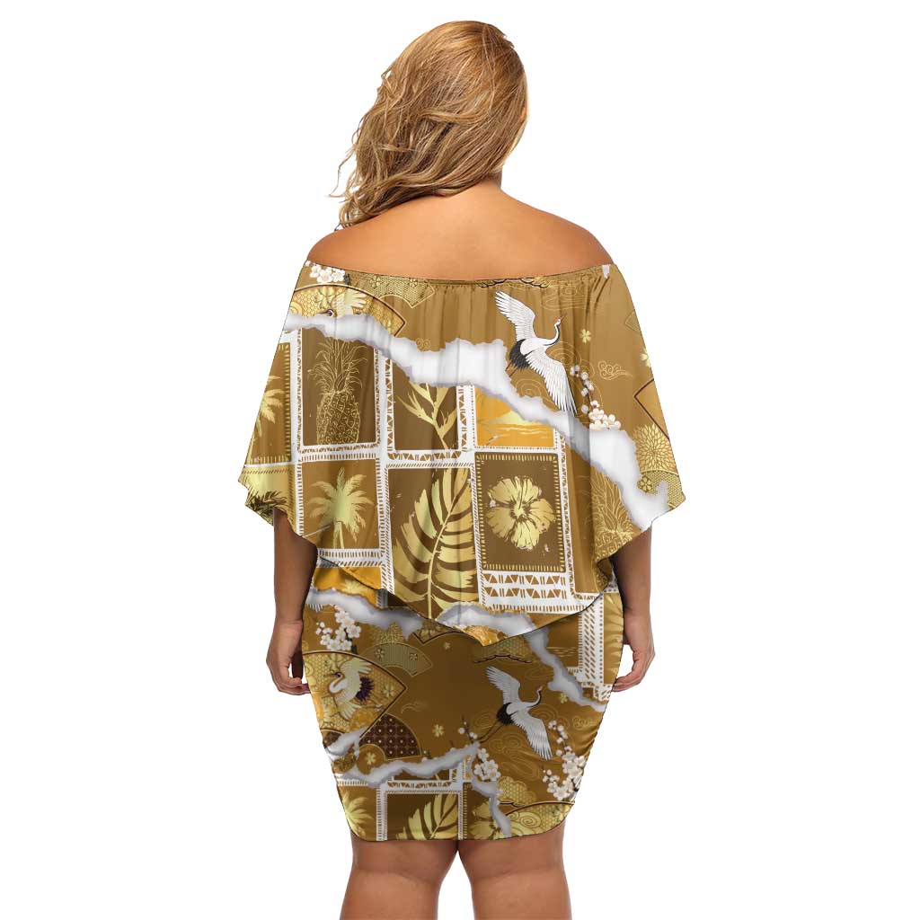 Hawaii Japanese Culture Gold Family Matching Off Shoulder Short Dress and Hawaiian Shirt Spring Cranes Aloha Pattern