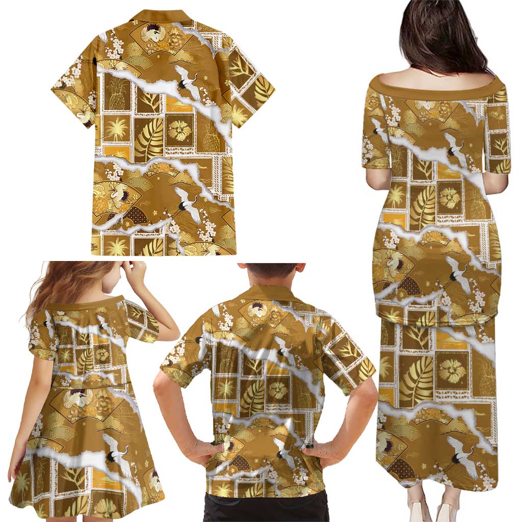 Hawaii Japanese Culture Gold Family Matching Puletasi and Hawaiian Shirt Spring Cranes Aloha Pattern LT01 - Polynesian Pride