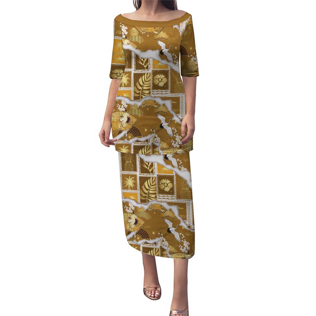 Hawaii Japanese Culture Gold Family Matching Puletasi and Hawaiian Shirt Spring Cranes Aloha Pattern LT01 Mom's Dress Gold - Polynesian Pride