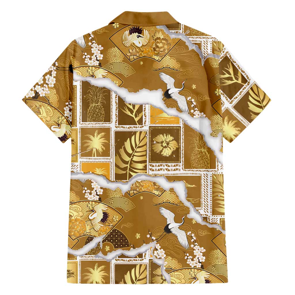 Hawaii Japanese Culture Gold Family Matching Short Sleeve Bodycon Dress and Hawaiian Shirt Spring Cranes Aloha Pattern