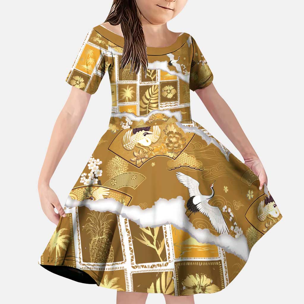 Hawaii Japanese Culture Gold Family Matching Summer Maxi Dress and Hawaiian Shirt Spring Cranes Aloha Pattern LT01 Daughter's Dress Gold - Polynesian Pride