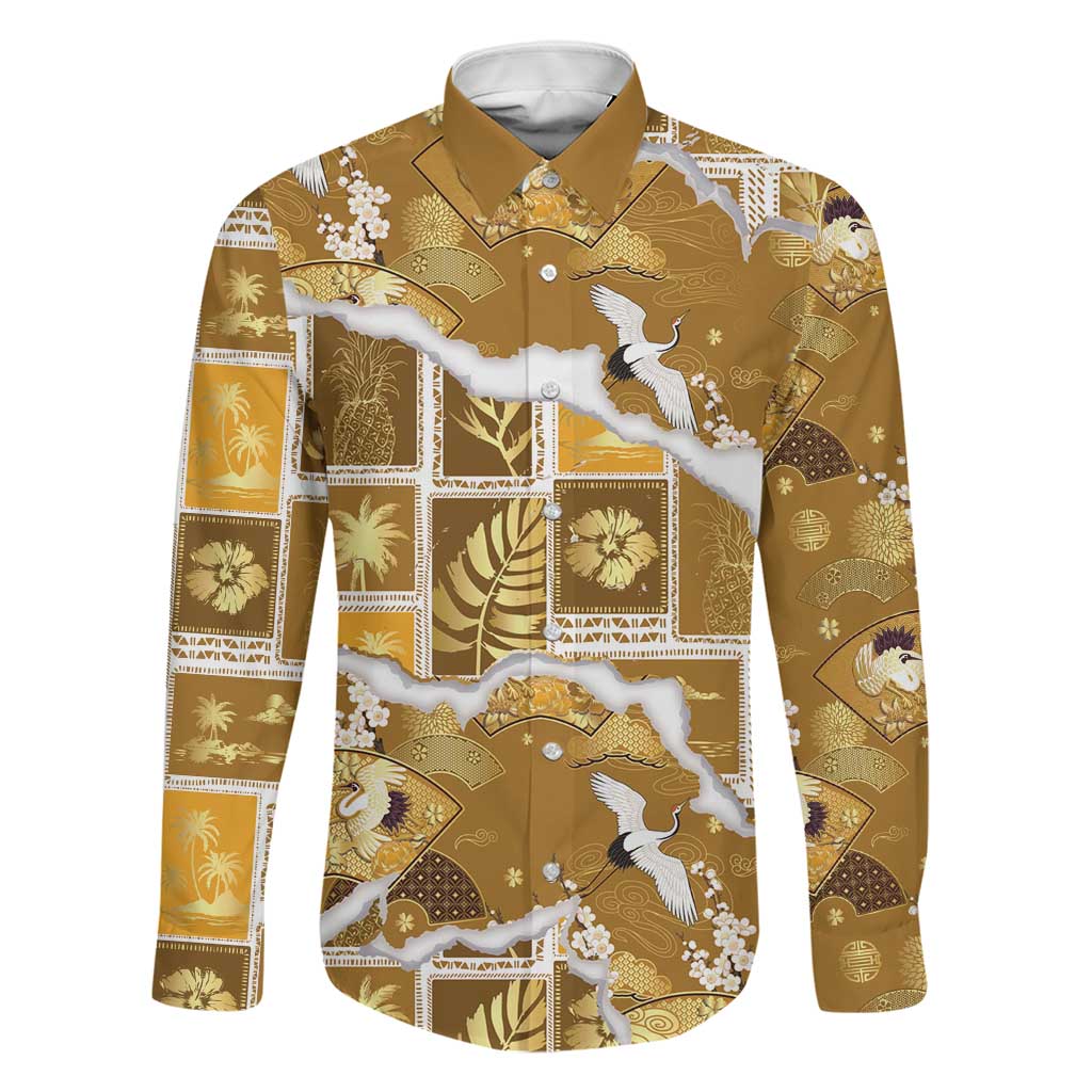 Hawaii Japanese Culture Gold Family Matching Tank Maxi Dress and Hawaiian Shirt Spring Cranes Aloha Pattern