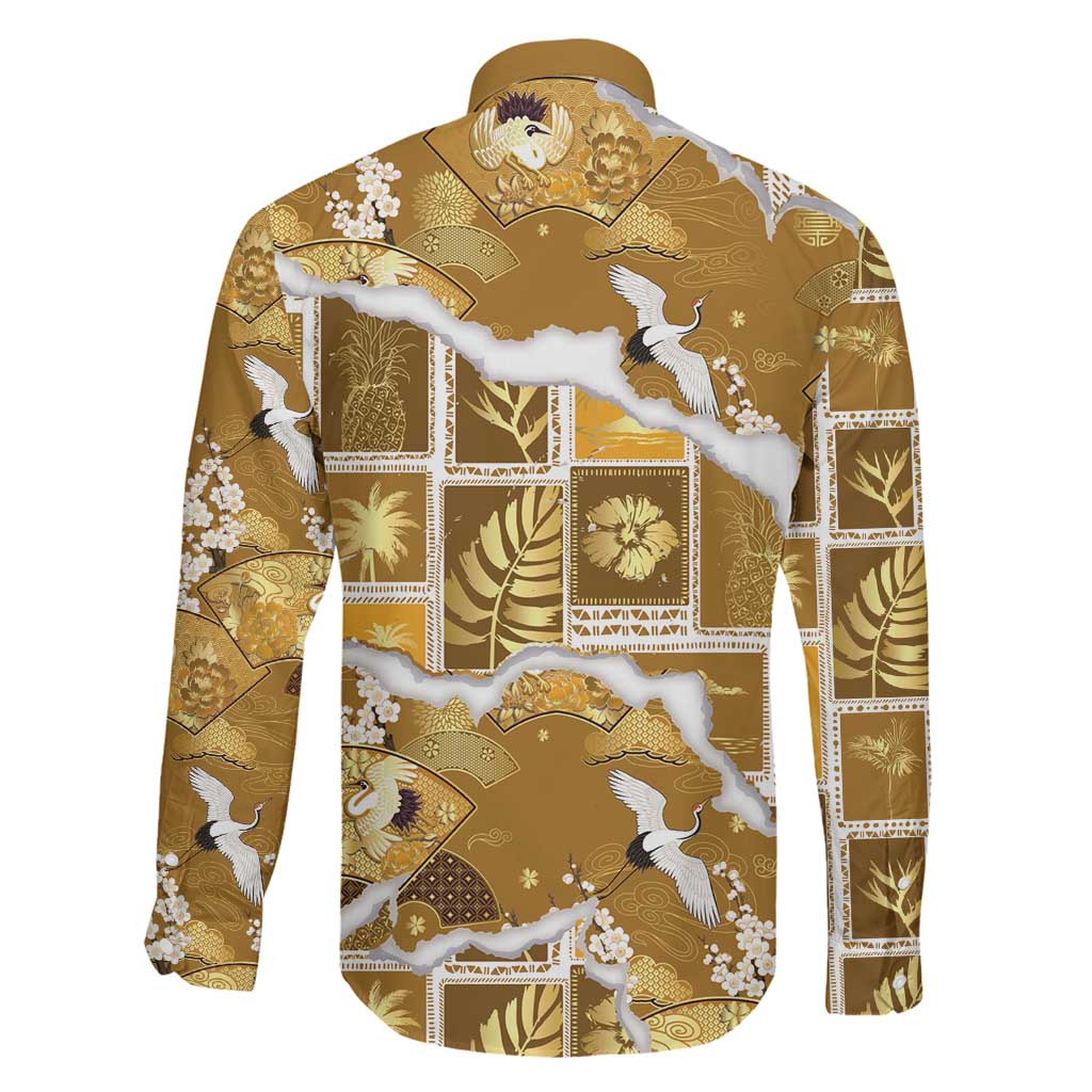 Hawaii Japanese Culture Gold Family Matching Tank Maxi Dress and Hawaiian Shirt Spring Cranes Aloha Pattern