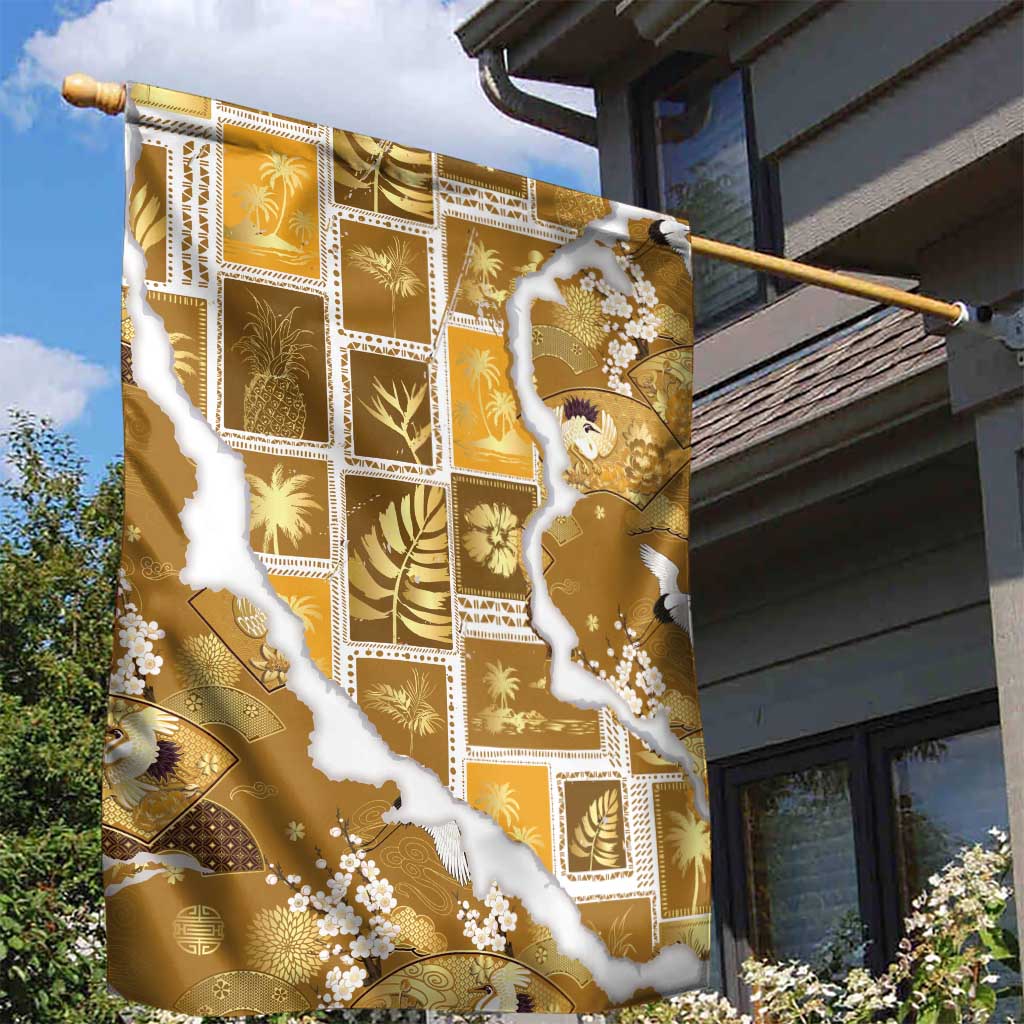 Hawaii Japanese Culture Gold Garden Flag Spring Cranes Aloha Pattern