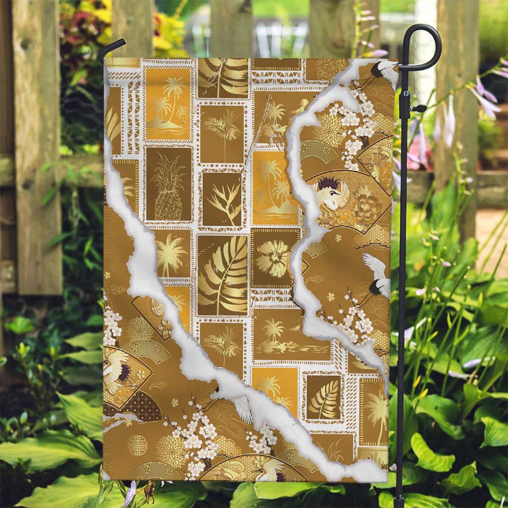 Hawaii Japanese Culture Gold Garden Flag Spring Cranes Aloha Pattern