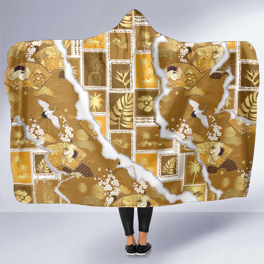 Hawaii Japanese Culture Gold Hooded Blanket Spring Cranes Aloha Pattern LT01 One Size Gold - Polynesian Pride