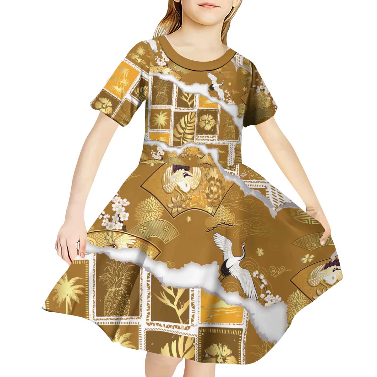Hawaii Japanese Culture Gold Kid Short Sleeve Dress Spring Cranes Aloha Pattern