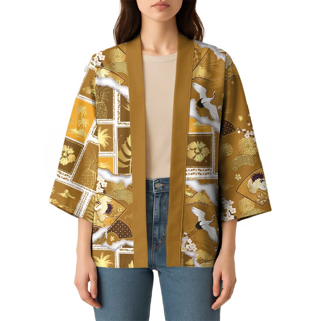 Hawaii Japanese Culture Gold Kimono Spring Cranes Aloha Pattern