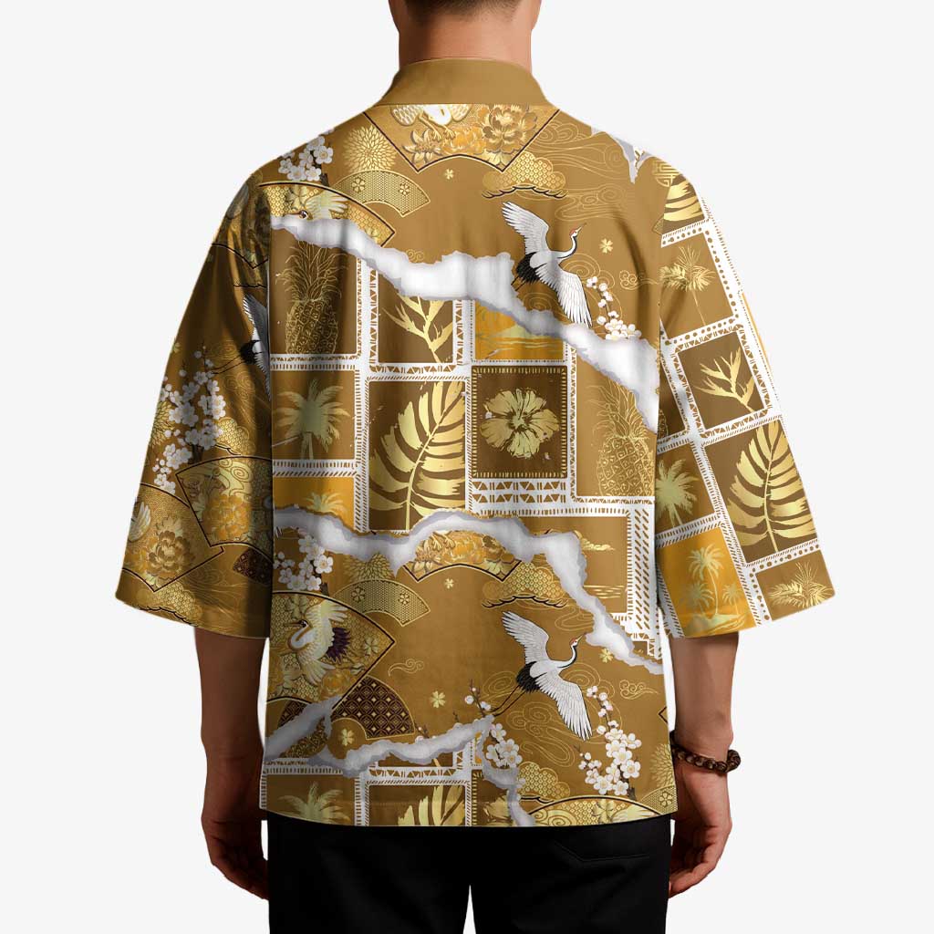 Hawaii Japanese Culture Gold Kimono Spring Cranes Aloha Pattern