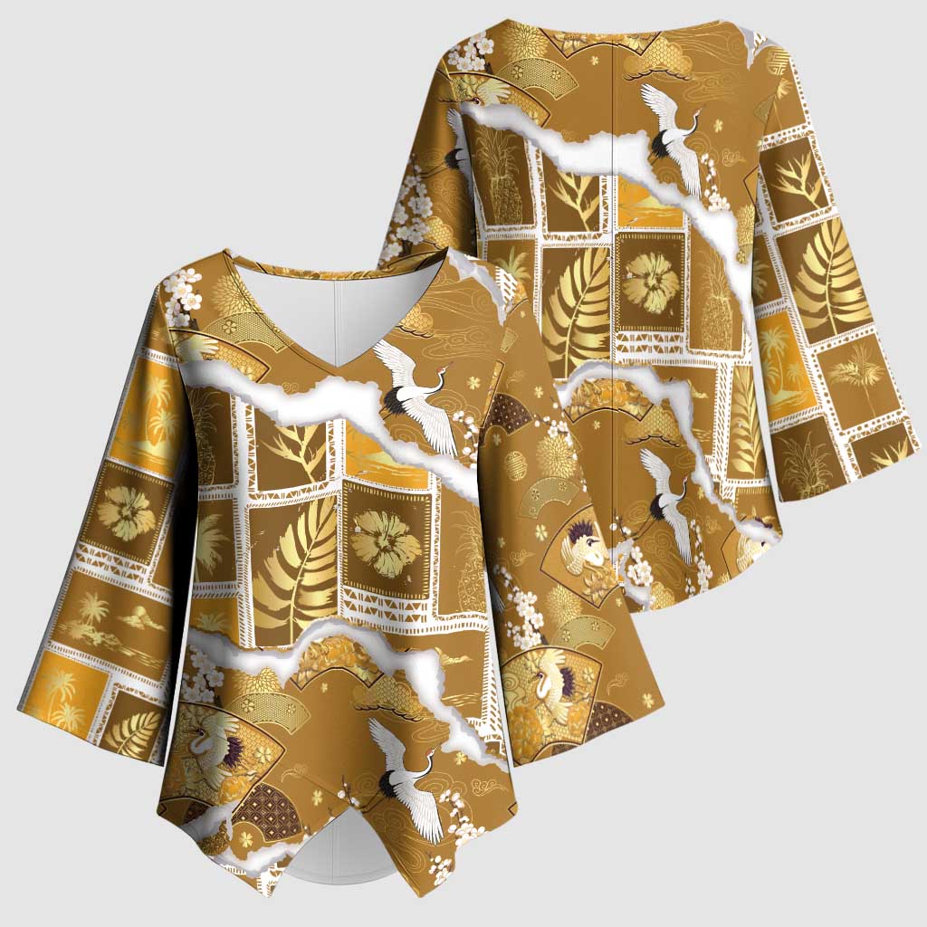 Hawaii Japanese Culture Gold Kimono Sleeve Blouse Spring Cranes Aloha Pattern